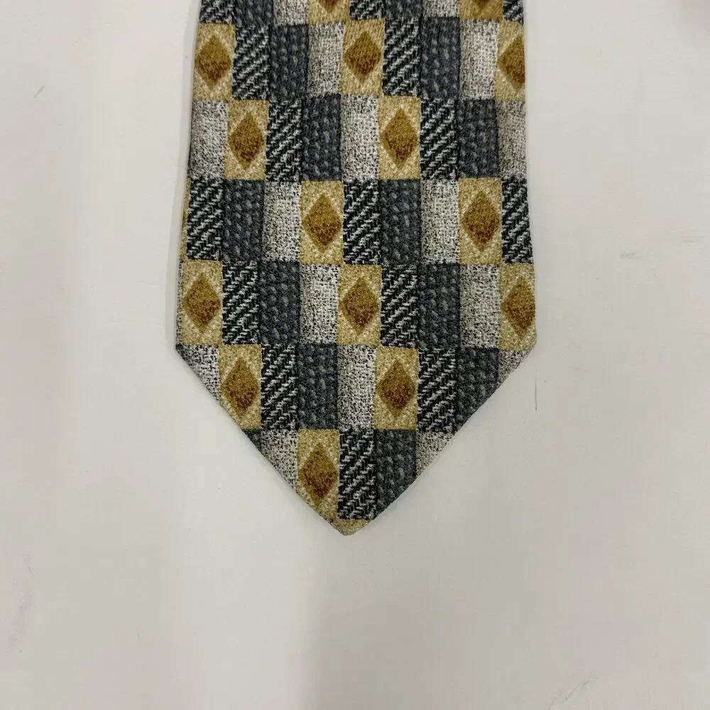 Ermenegildo Zegna Gray Gold Geometric Check Silk Tie Made in Italy Disegno